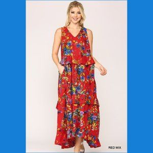 New Gigio UMGEE Small red floral tiered cotton knit maxi dress side pockets